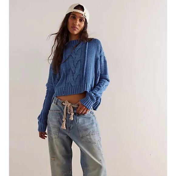 We the Free Blue In A Daze Blue Cropped Cable Knit Sweater - Picture 2 of 8